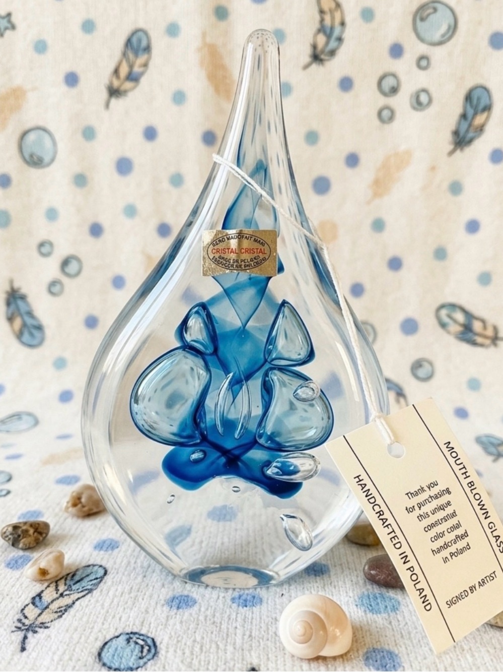 🩵 Beautiful Handcrafted Blue Glass Teardrop Paperweight - Mouth Blown 🩵